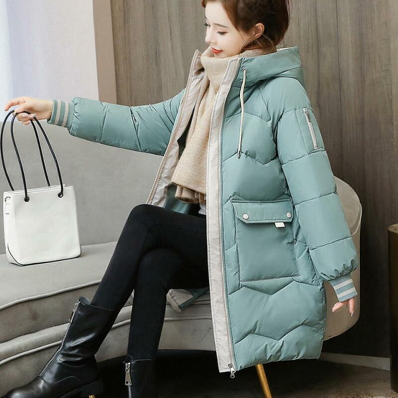 Зимнее женское пальто с хлопковой подкладкой, пальто с длинным рукавом и капюшоном, утепленная Свободная верхняя одежда на молнии средней длины, куртка, уличная одежда