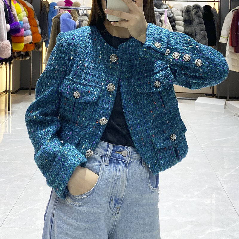 Damski tweedowy krótki płaszcz 2024 wiosna elegancka kurtka O z wycięciem pod szyją damska luksusowa koreańska moda odzież wierzchnia