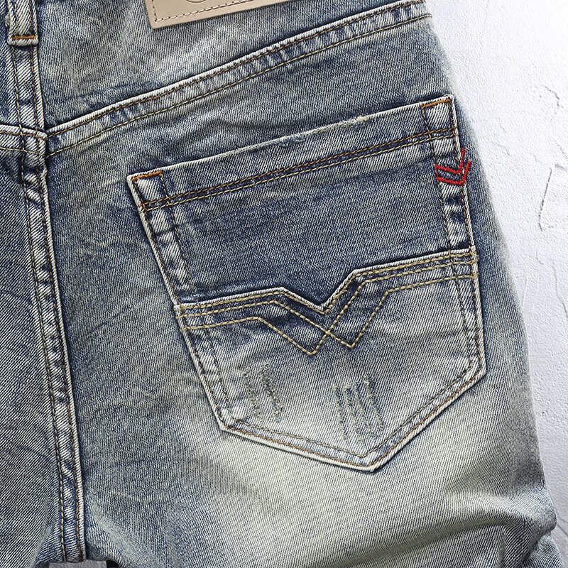 Modne designerskie krótkie jeansy męskie wysokiej jakości niebieskie w stylu Retro rozciągliwe dopasowanie pasujące porwane jeansy letnie spodenki jeansowe w stylu Vintage Hombre