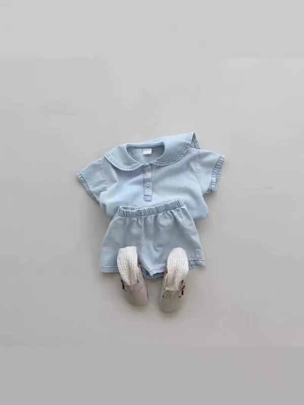 Ensemble en denim à manches courtes pour bébé, short en jean à revers, tenues décontractées polyvalentes pour tout-petits, bébé garçon et fille, été, nouveau, 2024, 2 pièces