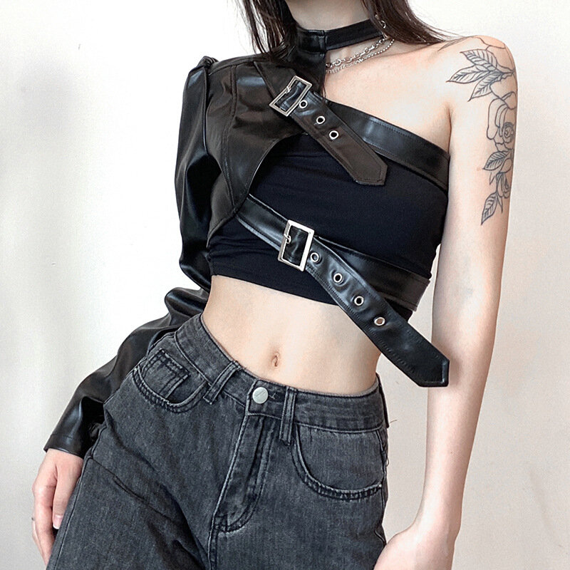 2024 New Women's Motorcycle Leather Handsome Irregular Metal Buckle Halter Unilateral Sleeve Street Dance Party Features Leather