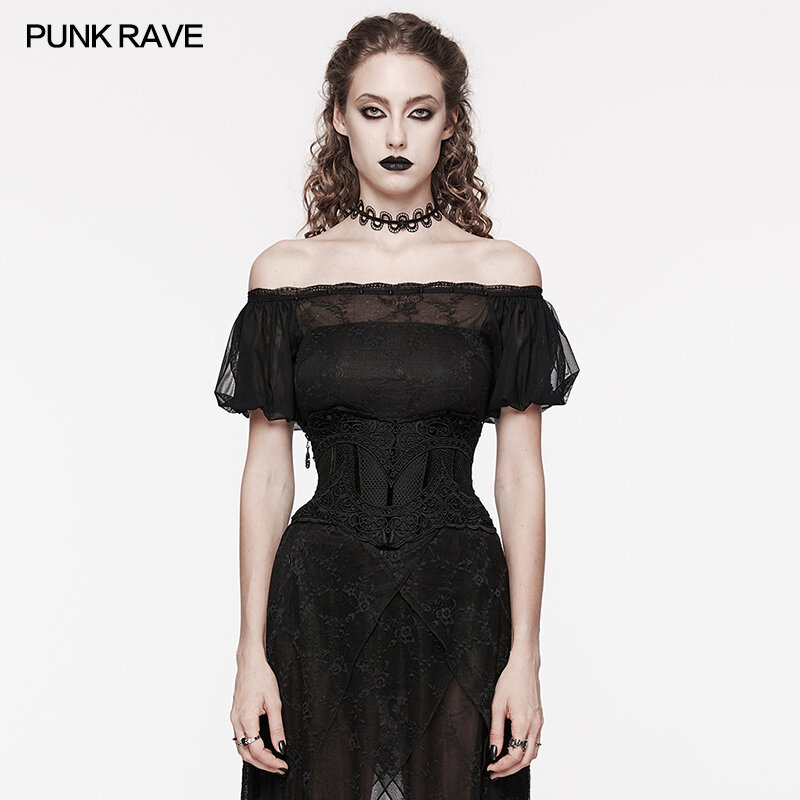 PUNK RAVE women's Gothic Hollow Mesh & Lace decalcomanie corsetto nastro di velluto nella parte posteriore accessori per Club cinture a vita larga per le donne