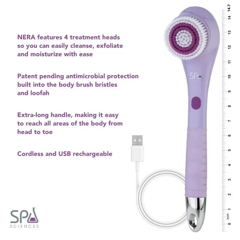 Spa Sciences Nera: 4-in-1 anticial Shower/bath Brush สำหรับขัด, ทำความสะอาดลึก, ดูแลเท้า, Infuser โลชั่น