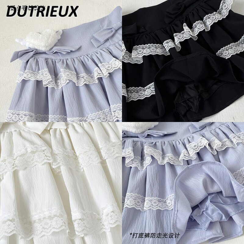 Faldas plisadas con volantes de producción en masa para mujer, minifalda de encaje de doble capa con lazo, elegante, Lolita, dulce, verano, estudiante
