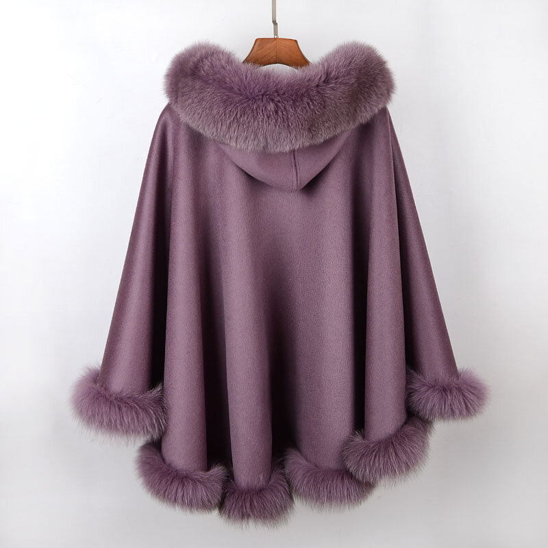 2023 New Winter Autumn Street Fashion Women Wool Warm Jacket Real Fox Fur Collar Hooded Cloak Coat Modern Female Outerwear