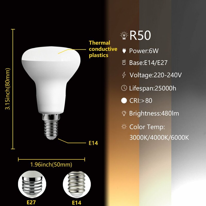 LED 버섯 조명 욕조 마스터 중간 조명 R80 R63 R50 E27 220V 6W-12W, ERP2.0 스트로보 없는 따뜻한 백색광, 1-10 개