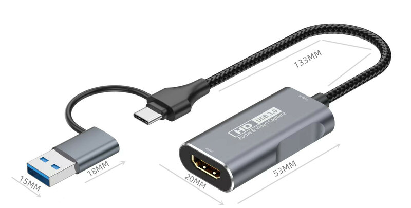 HDMI para USB para USB-C Video Capture Card, Grabber Box para PC, computador, câmera, transmissão ao vivo, gravação de reunião, 4K, novo