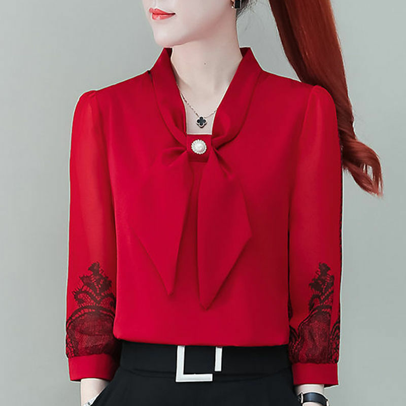 Camicetta con fiocco in pizzo stampato moda abbigliamento donna 2022 autunno nuovi pullover Casual oversize All-match Office Lady Shirt