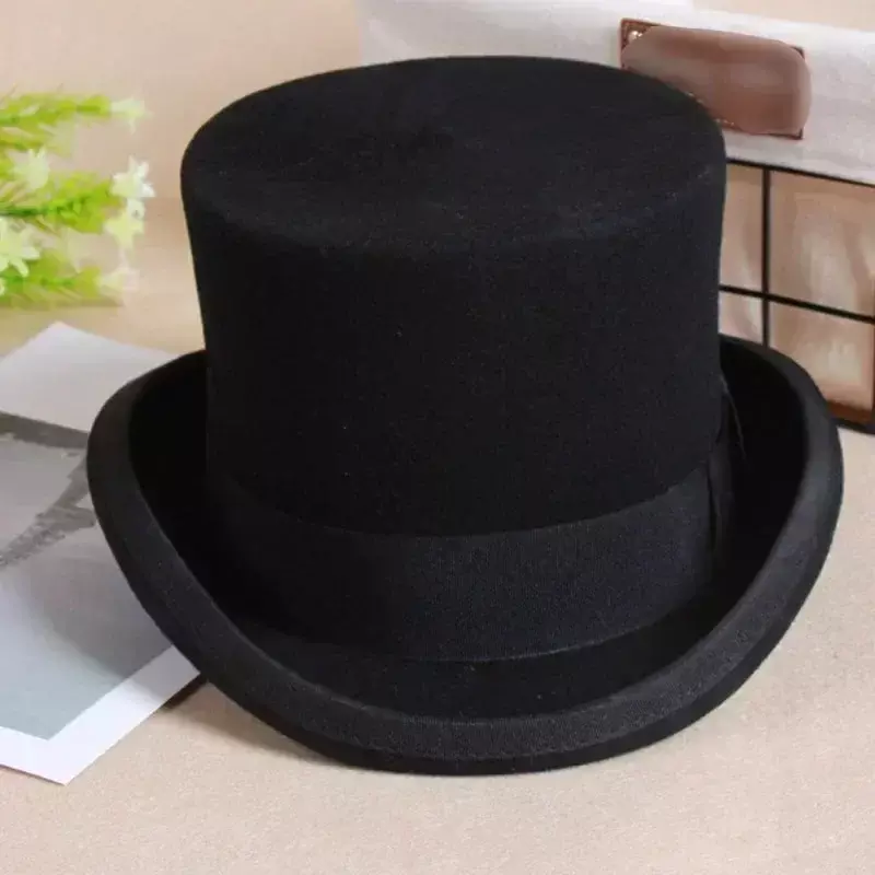 2024 wełniany płaski mężczyzna moda Cylinder Fedora wszechstronny magik czapka dżentelmen Cylinder pasek Steampunk kapelusz elegancki czarny luksus