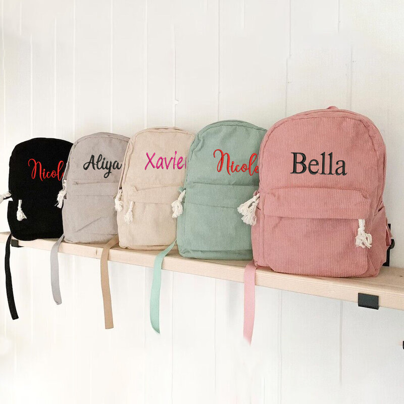 Mochila de veludo feminino, Mochilas escolares adolescentes com nome, bolsa escolar feminina personalizada, mochila listrada, bolsas de viagem bordadas