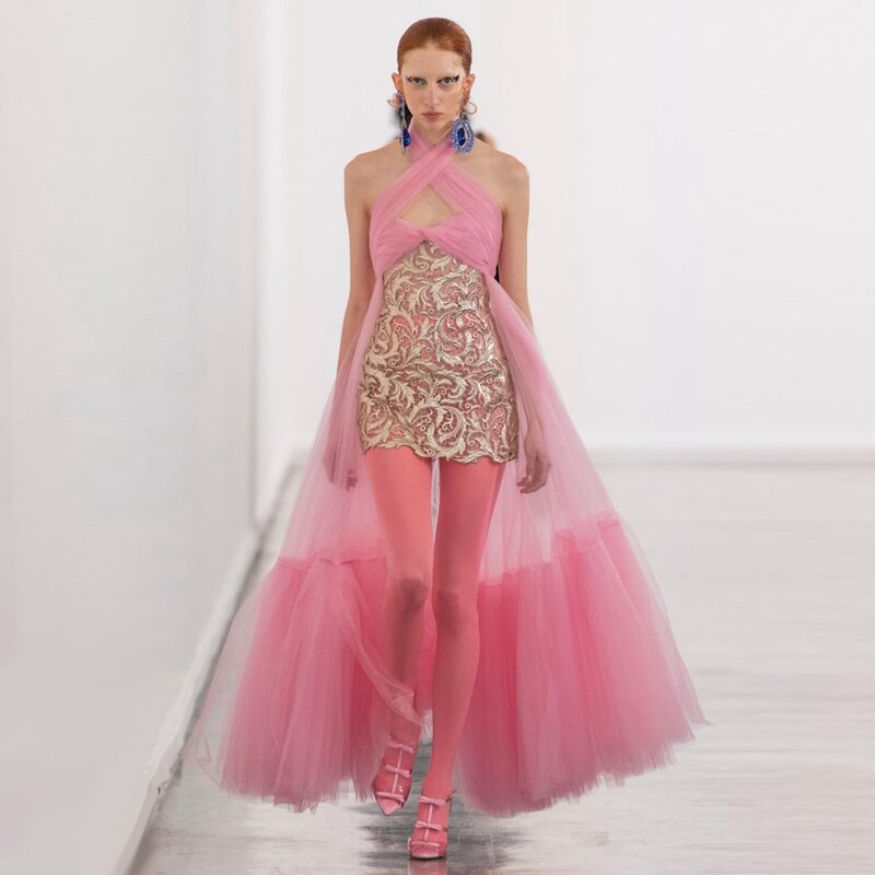 ピンクのイブニングミニドレス,チュールの透明なレースとチュールのパーティードレス,ローの衣服,足首の長さ,カクテル,大きいサイズ