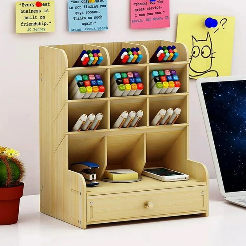 Organizador de mesa de madeira com gaveta, caneta DIY e lápis titular, armazenamento Rack Box, Memo Pad para escritório, escola, Home Supplies