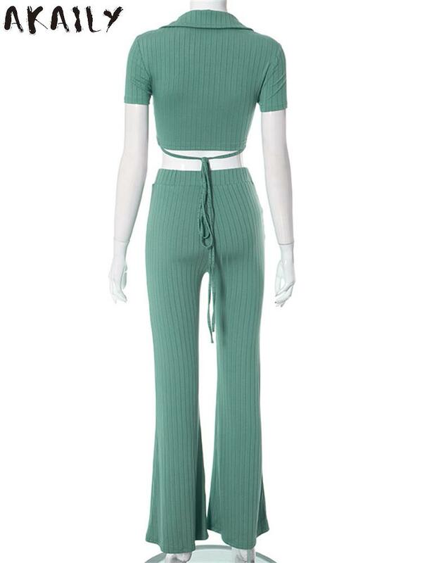 Akaily-verde conjunto de duas peças para mulheres, camisa de manga curta e calças curtas, sexy, casual, moda, para férias, outono, 2023