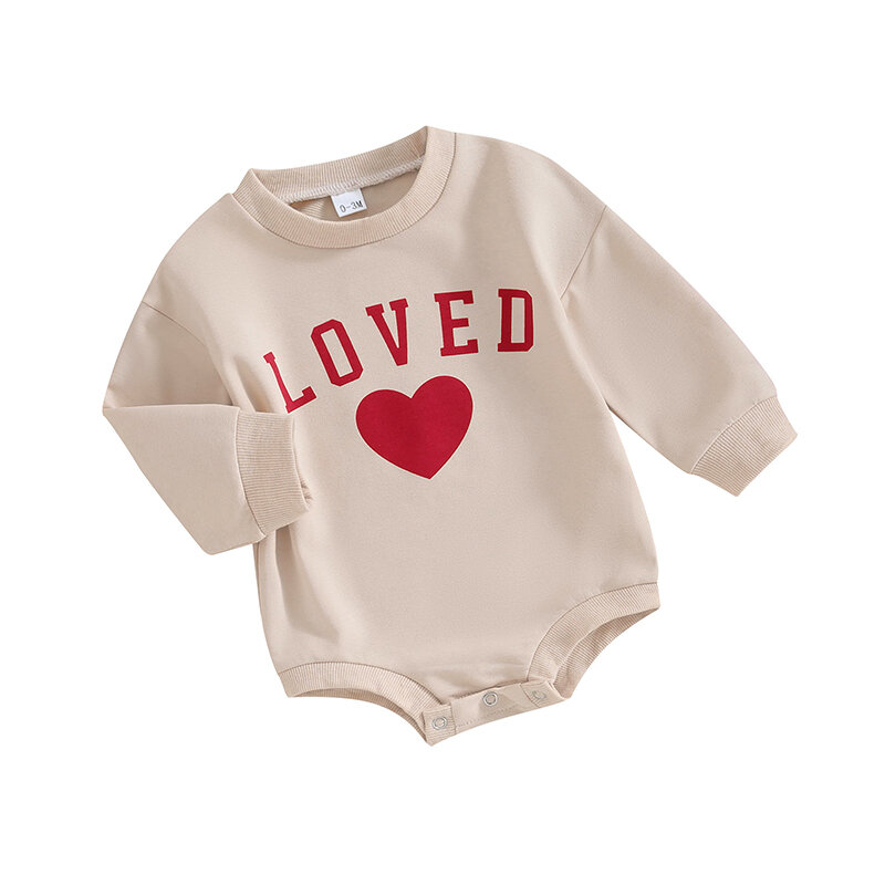 Toddler Baby Girls Valentine's Day Rompers Beige Long Sleeve Crew Neck Heart Letter Print Romper Children's Clothing
