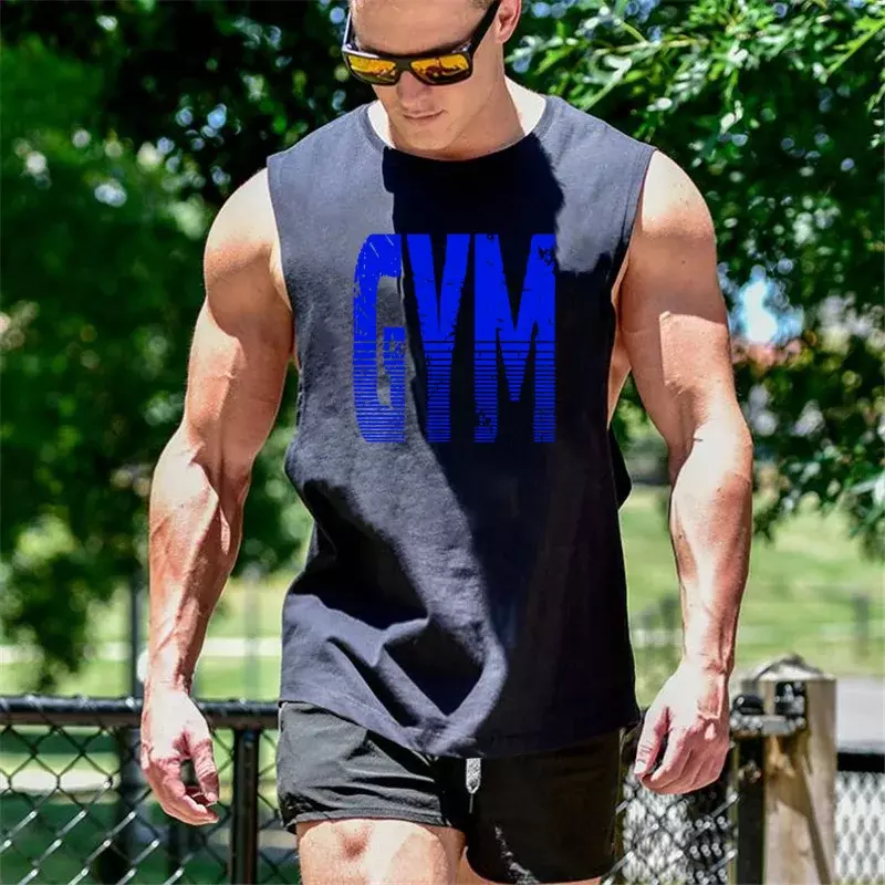 Merk Workout Hardloop Gym Casual Heren Tank Top Muscle Mouwloze Sportkleding Coole Gedrukte Mode Fitness Singlets