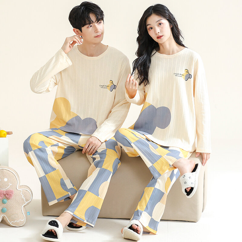 Pijama coreano de algodão combinado para casais, loungewear bonito para mulheres e homens, roupas de casa doce, primavera