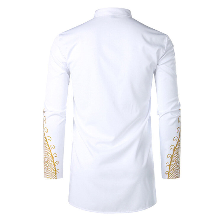 2024 African Golden Polished Dress Shirts Fashion Africa Men's T-Shirt Long Sleeve Mid-Length Muslim Casual Clothes Printed Tops
