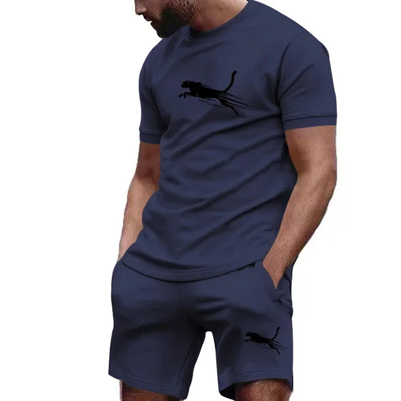 솔리드 컬러 티셔츠 치타 패턴 인쇄 남성 세트 여름 레저 남성복 트렌디 한 스포츠웨어 데일리 스트리트 홈 여행 세트