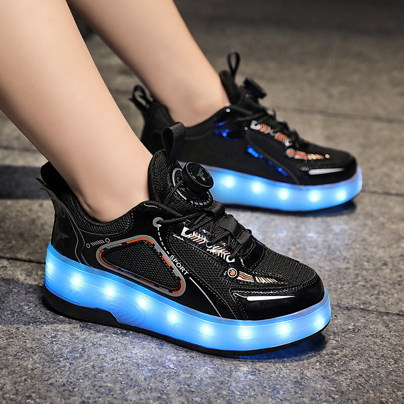 Roller skate bercahaya anak-anak, sneaker kasual gesper putar lampu LED, pengisian roda USB untuk anak laki-laki dan perempuan luar ruangan