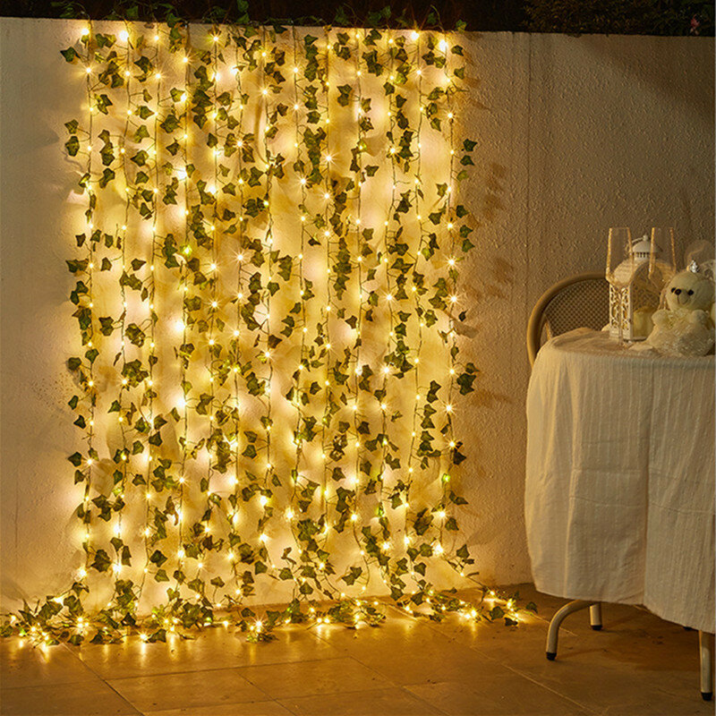 Guirnalda de luces de flores y hojas verdes para decoración del hogar, guirnalda de luces de vid Artificial con batería para árbol de Navidad
