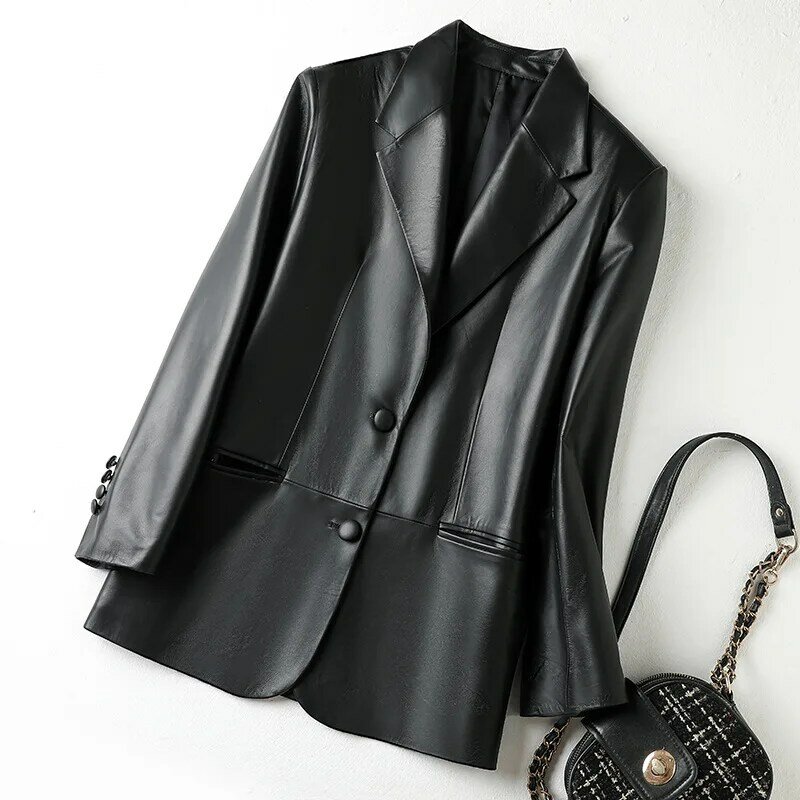 Damen Lederanzug Mantel, Schwarzes Schaffell, mittellang, OL Mode Tops, groß, Frühling, Herbst