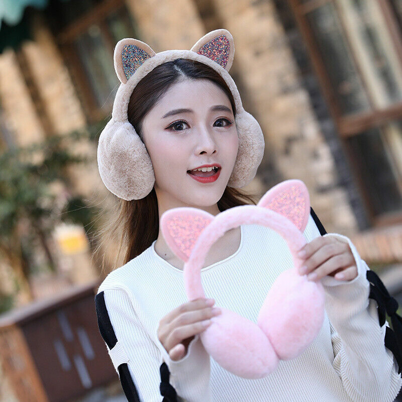 New Thickened Winter Female Plush Folding Earflap Cute Sequin Cat Ear Earmuffs Student Ear Warm Cover Outdoor Ear Protection