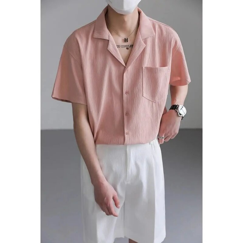 Camisa masculina de gola cubana alta, camisa de manga curta drapeado, blusa de verão, botões coreanos soltos, camisa sem ferro, roupas da moda