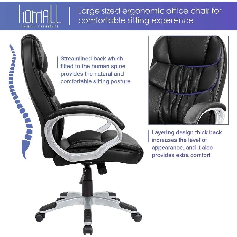 Homall-PU Leather Swivel Office Chair, Costas Altas, Mesa de Computador, Altura Ajustável, Executivo Moderno, Tarefa