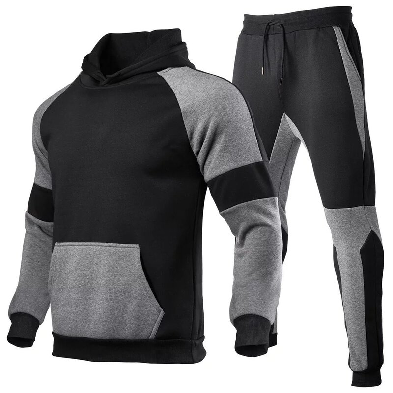Conjunto de suéter com capuz multipainel masculino, traje de treino lazer, moda esportiva, roupas para outono e inverno, 2023