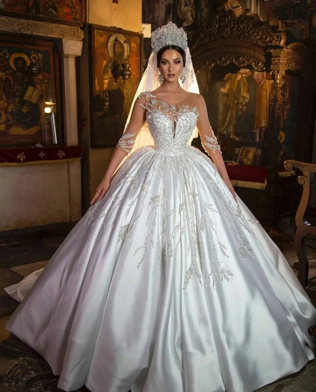 Retro Vestido De Novia Appliques perline di raso abiti da sposa Sweetheart Illusion maniche Lace Up Bridal Princess Custom Made