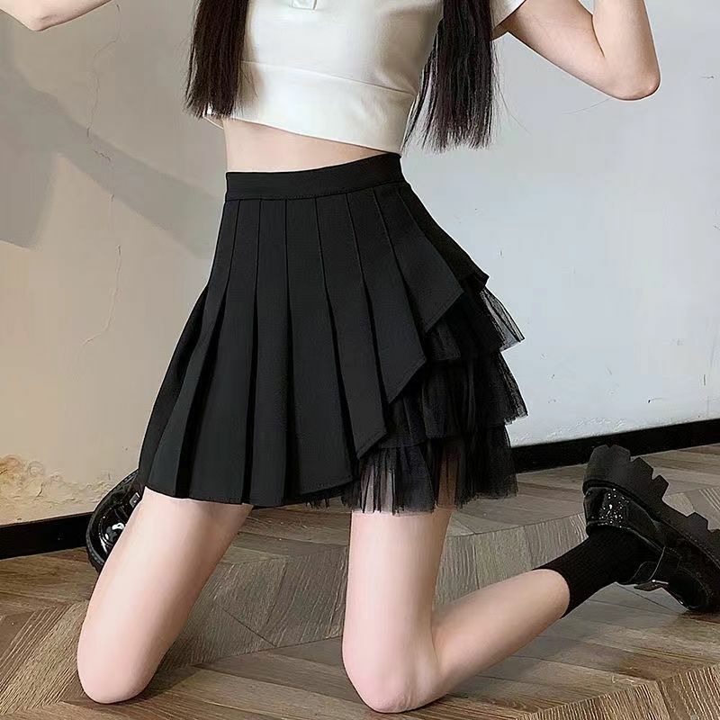 Deeptown-Mini saia plissada de malha feminina, estilo preppy, patchwork, preto, estética doce, saias curtas, branco, casual, preto