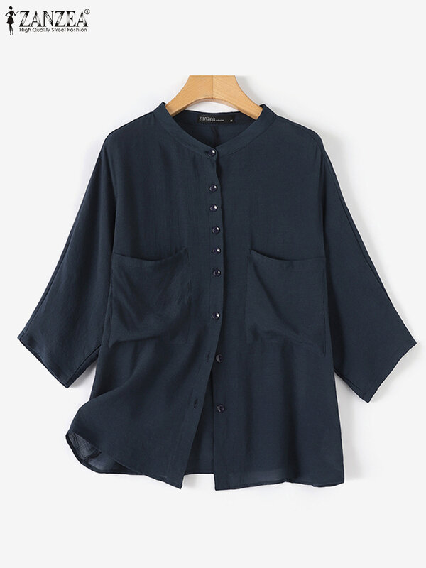 ZANZEA-Blusa sólida vintage para mulheres, camisa casual de trabalho, manga 3/4, botão baixo, tops elegantes, camisa túnica, verão