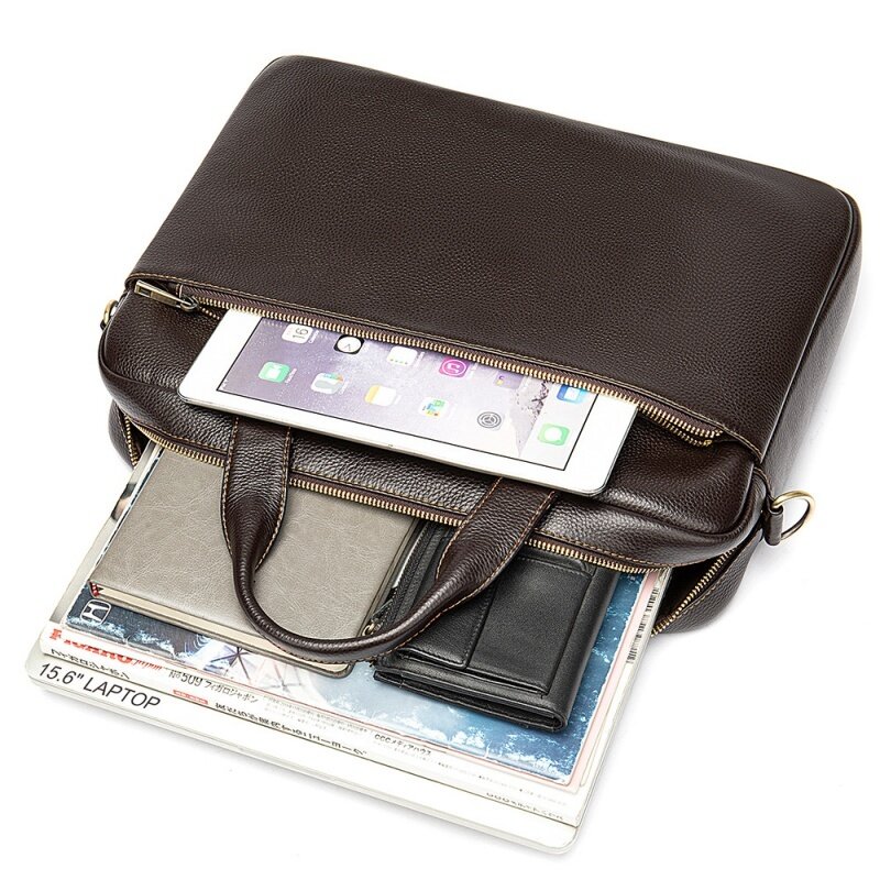 Tas kantor kulit asli untuk pria, tas File selempang bahu Retro kasual, tas Laptop kulit sapi mewah untuk pria