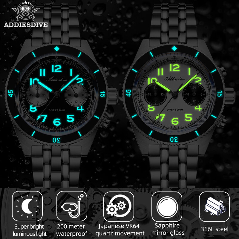ADDIESDIVE 41mm Men's Watch BGW9 Super Luminous Sapphire Glass 20Bar Waterproof Panda Multifunctional Chronograph Quartz Watch
