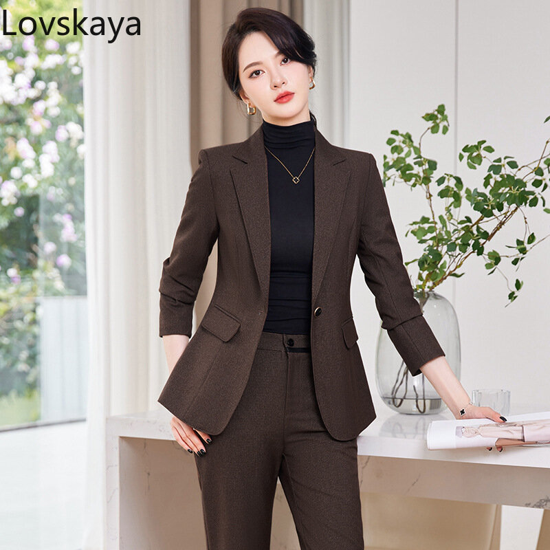Новый осенне-зимний приталенный элегантный кофейный костюм маленького размера куртка для женщин высококачественный профессиональный костюм комплект для женщин