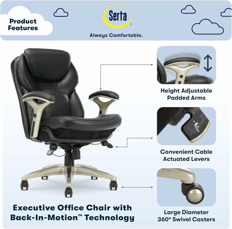 Serta 인체 공학적 이그제큐티브 오피스 모션 기술, 조절 가능한 미드 백 책상 의자, 요추 지지대, 블랙 본드 가죽