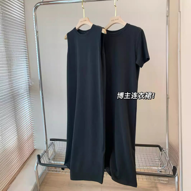 Stylish Dress That Doesn't Pick Your Figure Ladder Cotton Slimming Black Straight Short Sleeved Dress Vest Dress Summer