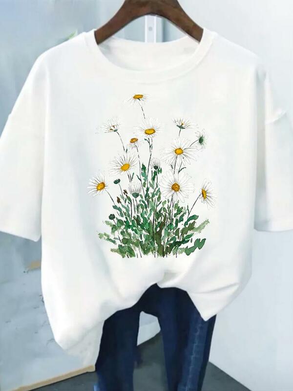 Camiseta com print floral tendência, camisa de manga curta, estilo adorável, moda verão, roupa feminina, casual