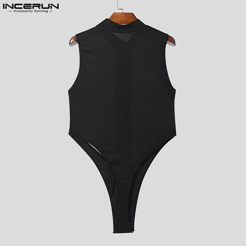 Incerun-Men's Mesh emendado perspectiva macacões, bodysuits masculinos, triângulo sem mangas macacão, estilo sexy, novo, S-5XL, 2023