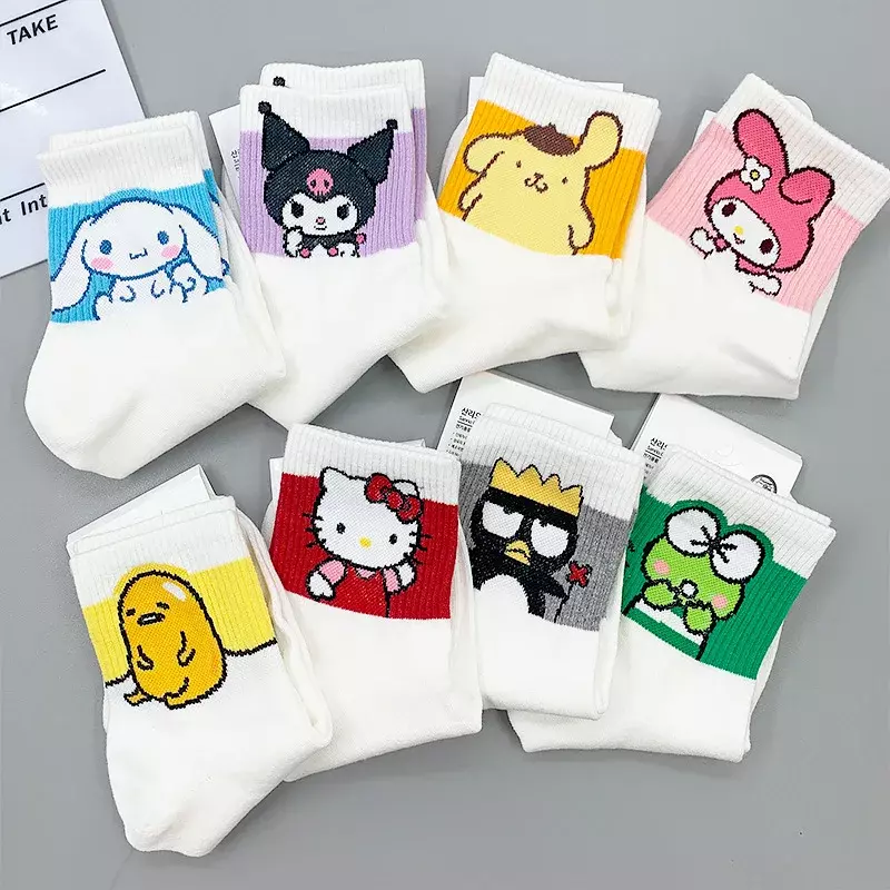 Kawaii Cute Sanrio Kuromi Mymelody Cinnamoroll Pom Pom Purin Keroppi Gudetama Mid-Tube Socks Cotton Ins Christmas Gift For Girls