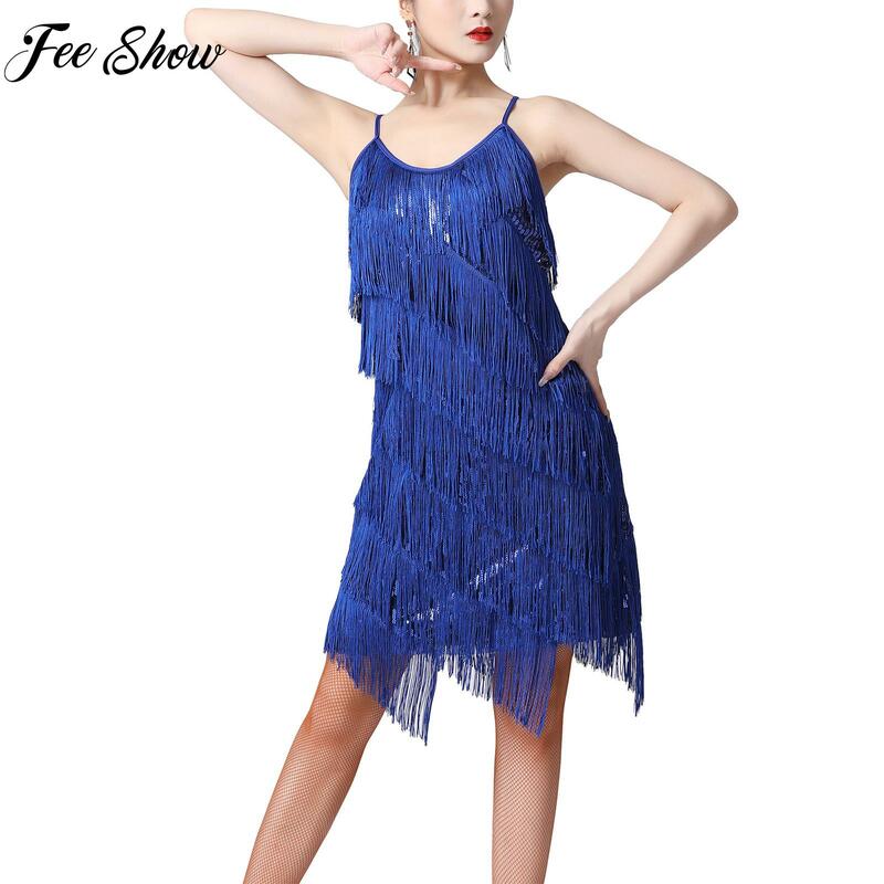 Womens Shiny Sequins Fringed Dress Ballroom Samba Tango Cha ChaLatin Dance Costume Adjustable Spaghetti Straps Tassel Dresses