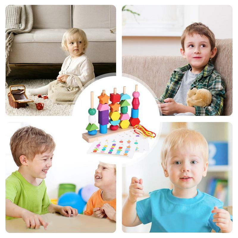 Manik-manik balita dan tali menyenangkan mainan perontok benang pendidikan Montessori Set mainan pengurut bentuk penyortir batang blok susun