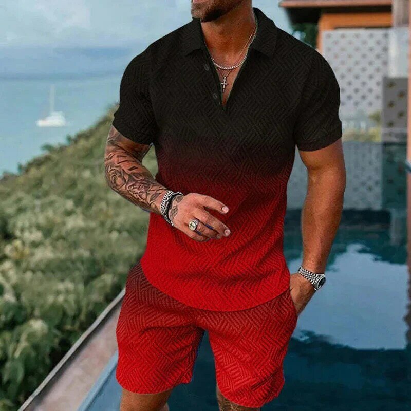 Setelan kaos Polo pria motif 3D gradien, setelan baju Polo pria, kerah ritsleting + celana pendek, 2 potong, pakaian liburan Hawaii