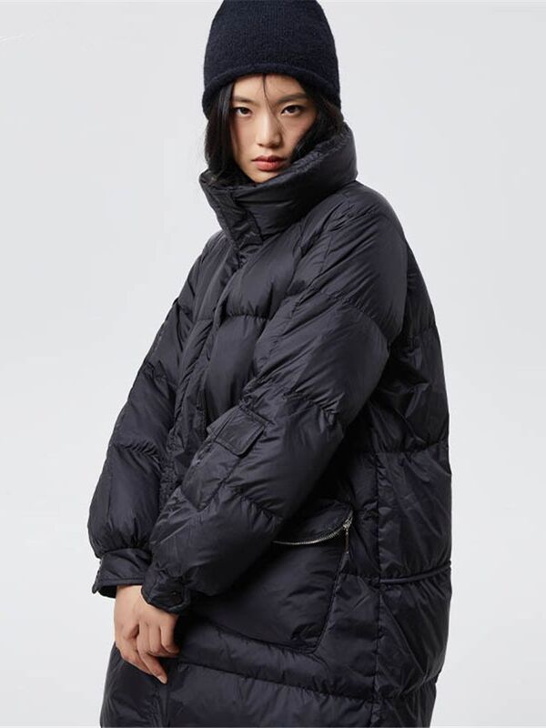 Mantel Musim Dingin Kualitas Bagus Panjang Bawah Mantel Tebal Berbulu Mode Wanita Kerah Tinggi Tebal Bawah Parka dengan Sabuk Wy1067
