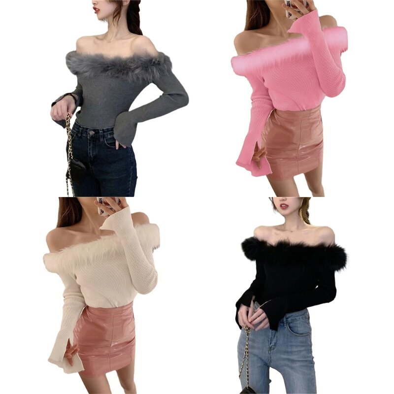50JB Женский свитер с открытыми плечами, вязаная рубашка с длинными рукавами, топы, сексуальные топы для выхода в свет