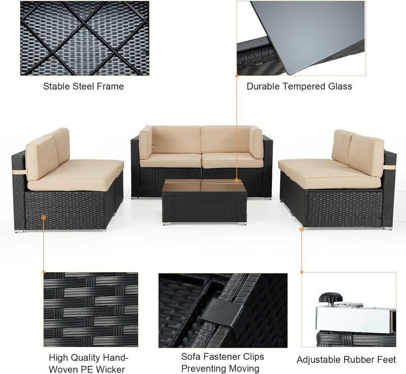 Set furnitur teras luar ruangan, Set Sofa anyaman rotan PE hitam, Set kursi furnitur bagian luar ruangan dengan bantal Khaki