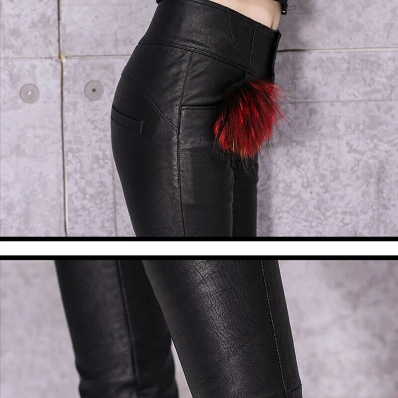 2023 High waisted tight sheepskin leather pants, autumn and winter genuine leather women's pants, Korean version slim fitting sm