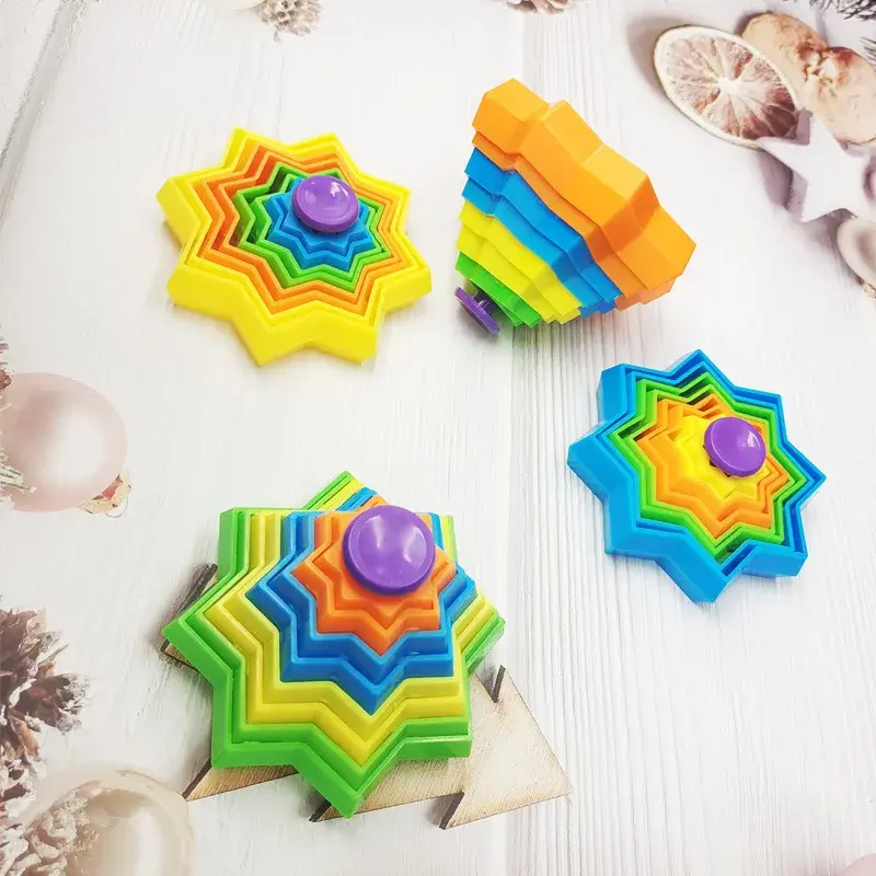 Rotatable gravity radish tower new 3D decompression ring octagidal star healing  creative toy