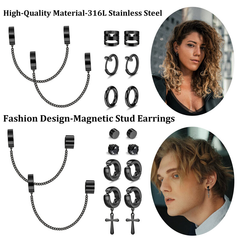 1-9 Pairs Black Color 316L Stainless Steel Non-Piercing Clip on Cross Chain Dangle Hoop Earrings CZ Magnetic Stud Earrings Set