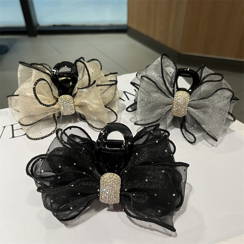 Korean Fashion Bow Mesh Hair Claw with Rhinestones and Crystal Decoration Gauze Elegant Accessories Cheveux for Women  Girls
